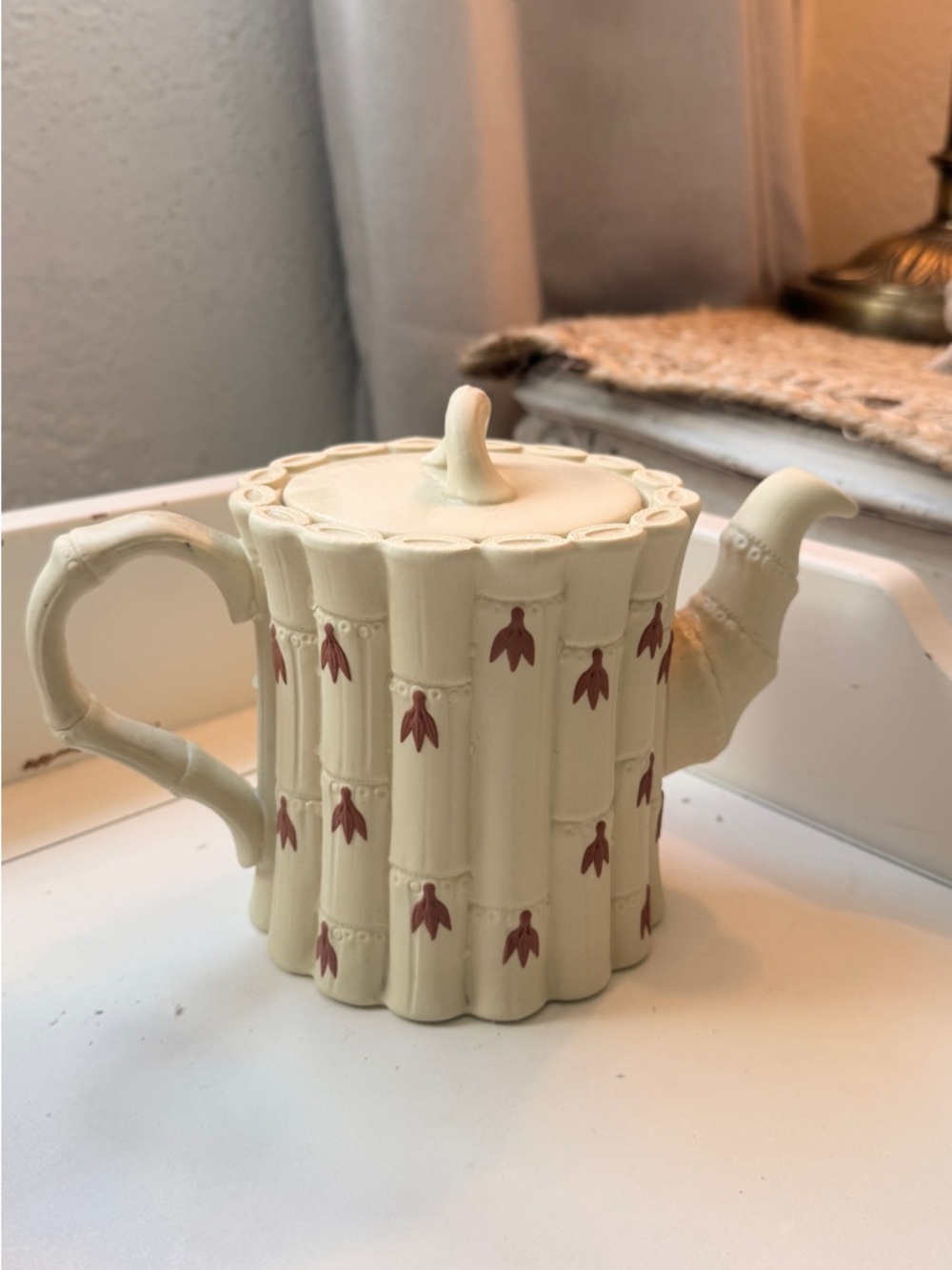 Cream Bamboo-Style Ceramic Teapot with Pink Accents